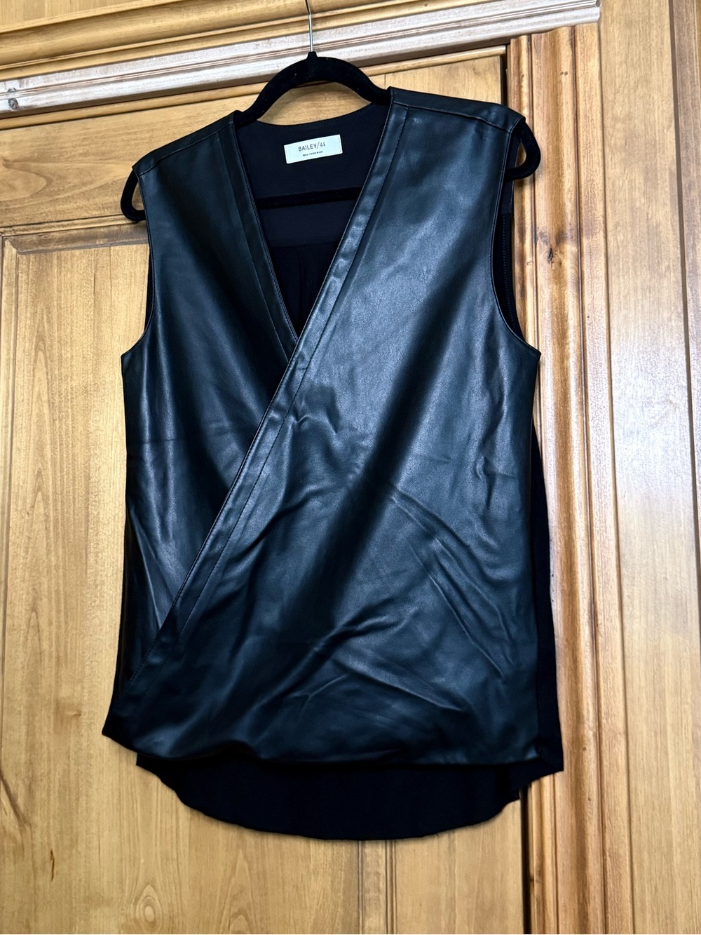 Bailey/44 Black Faux Leather Wrap Front Sleeveless Top Mixed Media Blouse Small